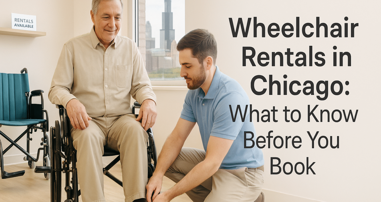 Staff member fitting a rental wheelchair for a patient in a Chicago medical equipment showroom, with transport chair in view