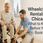 Staff member fitting a rental wheelchair for a patient in a Chicago medical equipment showroom, with transport chair in view