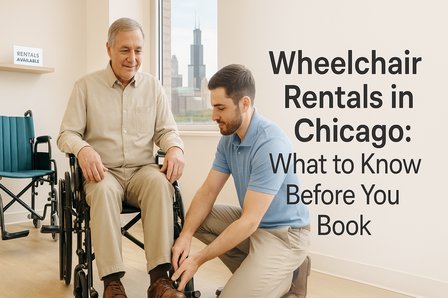 Staff member fitting a rental wheelchair for a patient in a Chicago medical equipment showroom, with transport chair in view
