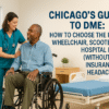 Chicago DME showroom with nurse assisting patient in a wheelchair beside a scooter and hospital bed.
