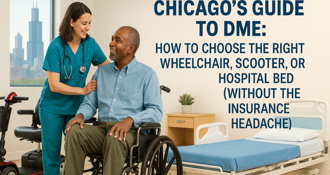 Chicago DME showroom with nurse assisting patient in a wheelchair beside a scooter and hospital bed.
