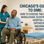Chicago DME showroom with nurse assisting patient in a wheelchair beside a scooter and hospital bed.