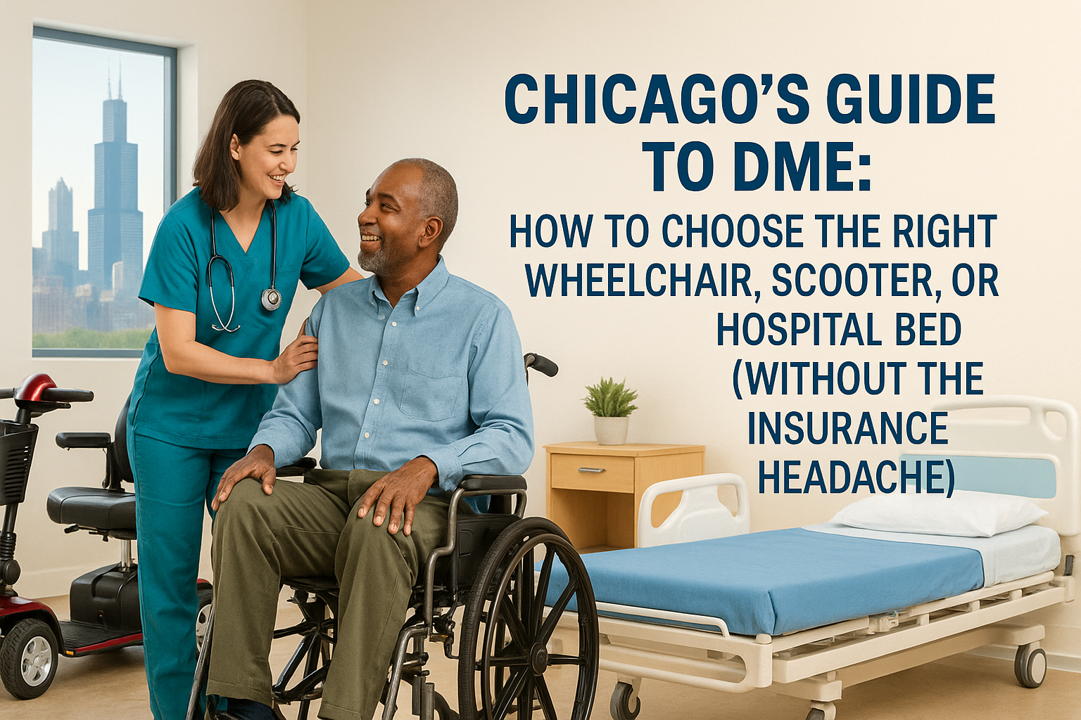 Chicago DME showroom with nurse assisting patient in a wheelchair beside a scooter and hospital bed.